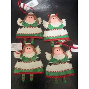 Lot of 4 Resin Angel Christmas Ornaments Green Dress  Candy Cane